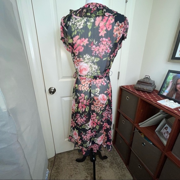 MSK Sheer Floral Faux Wrap Midi Dress Ruffle Neck 6 - Picture 6 of 17